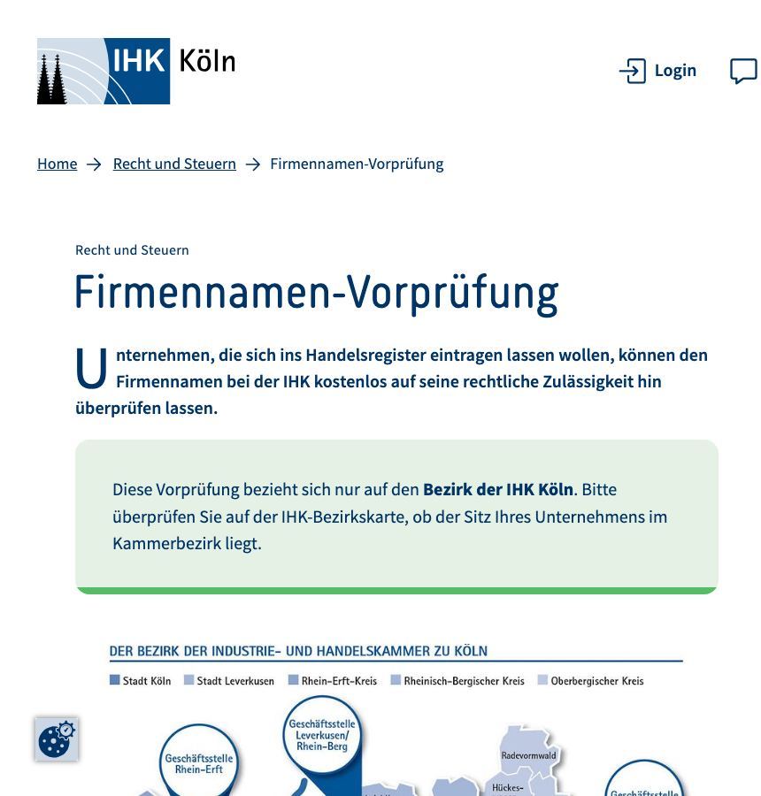 Beispiel: Firmennamen-Vorprüfung auf der Website der IHK Köln